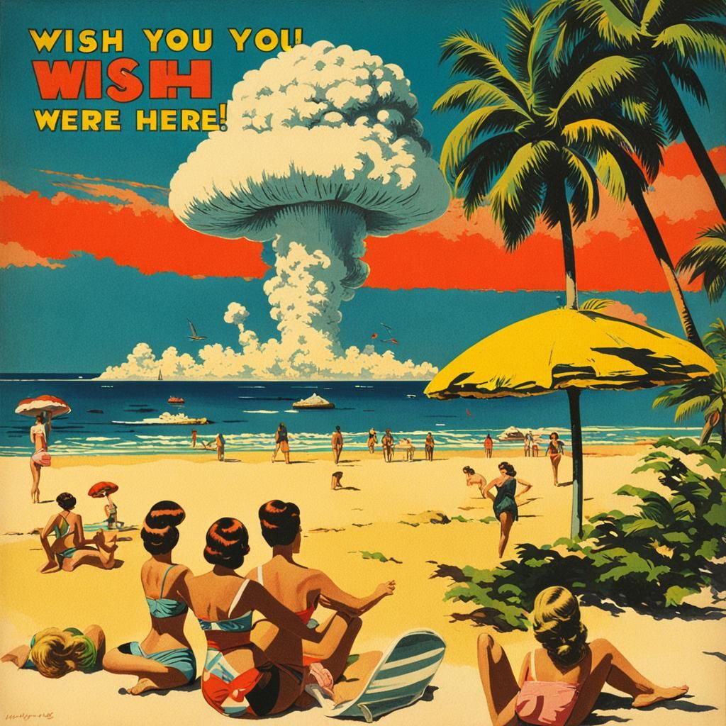 Vintage Postcard: Tropical Beach and Nuclear Cloud