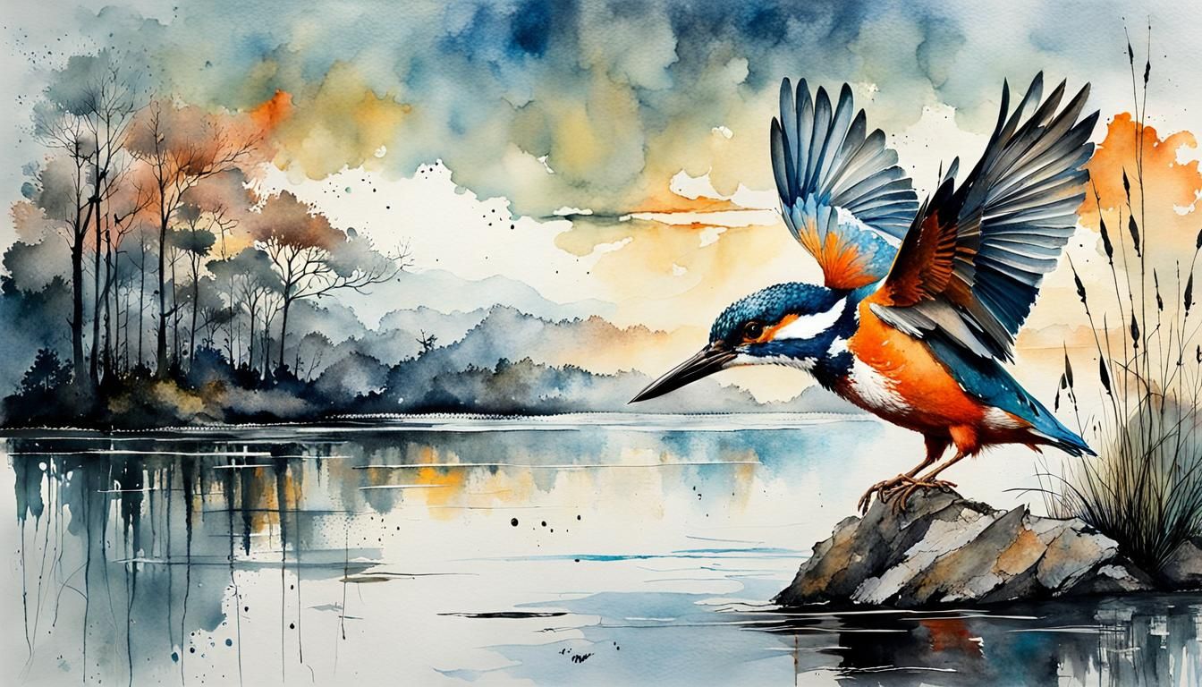 Kingfisher at Lake: Watercolour and Ink Art