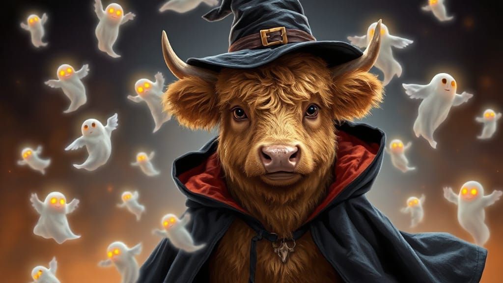 Fluffy Ginger Cow in Halloween Costume with Ghosts