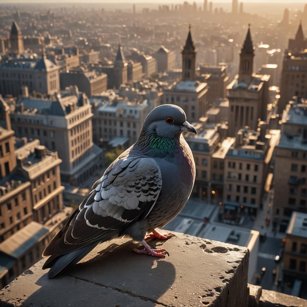 Hyperrealistic Pigeon in Cityscape: Neo-Impressionist Oil Pa...