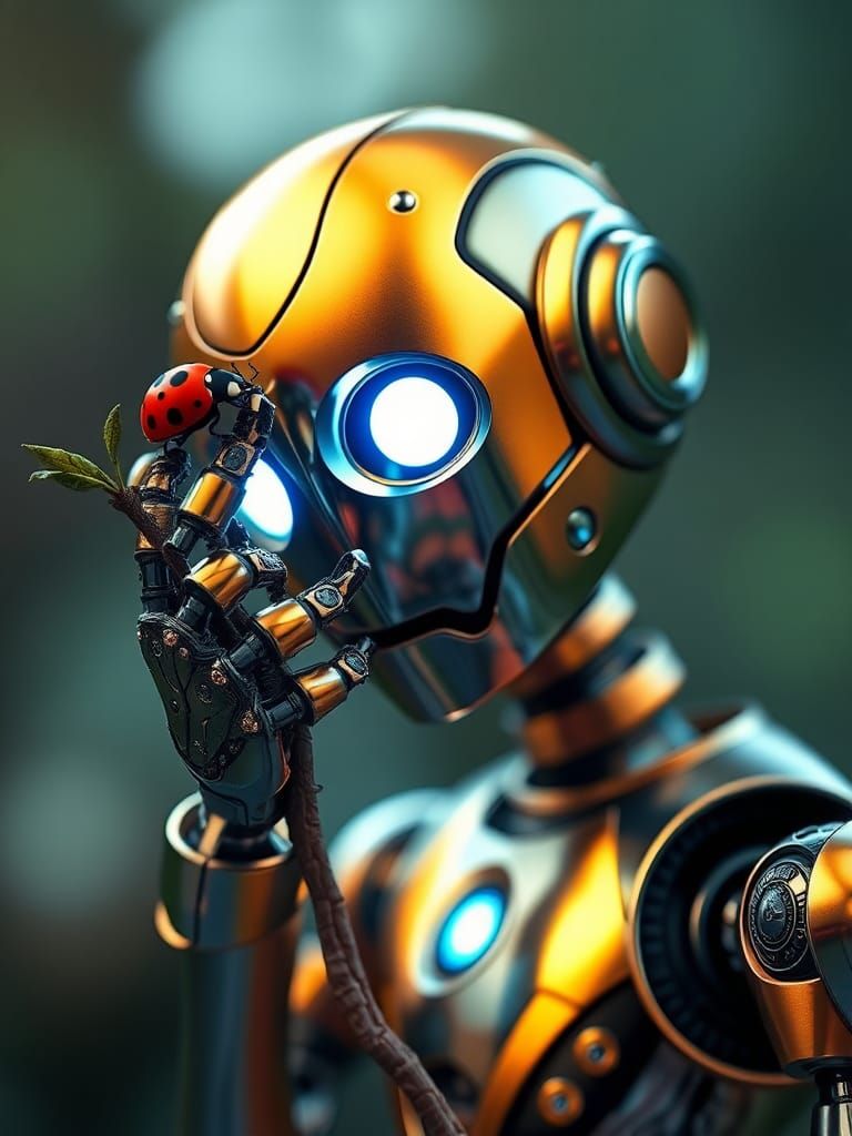 Cartoon Robot Observes Ladybug, 3D Anime Art