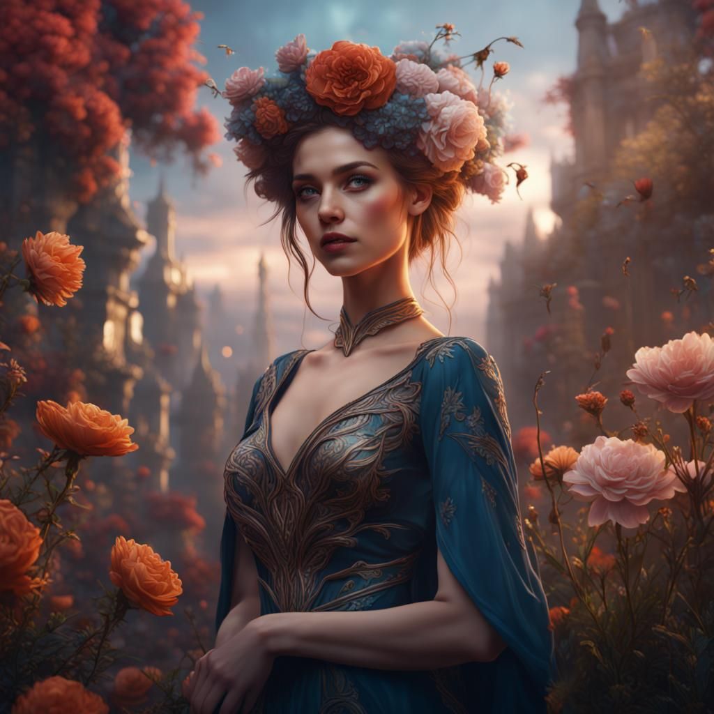 Beautiful Woman Surrounded by Flowers: Detailed Matte Painti...