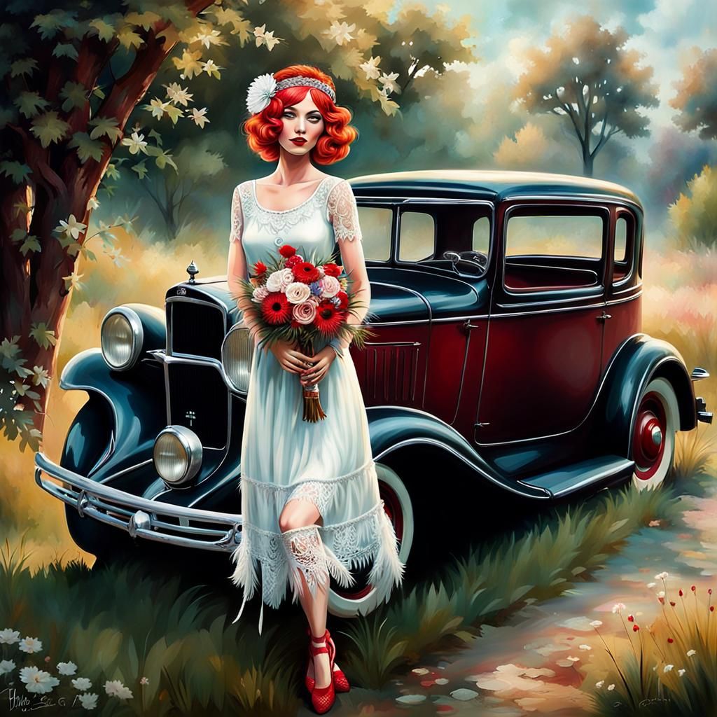 Vintage Dream: Red-Haired Flapper with Bouquet by Rusty Car