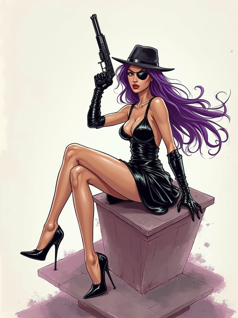 Bond Girl in Black Leather Cocktail Dress with Purple Hair