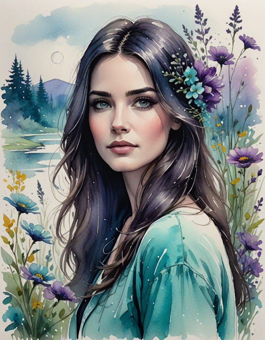 Pretty Woman Sketch with Spring Flowers and Moonlight