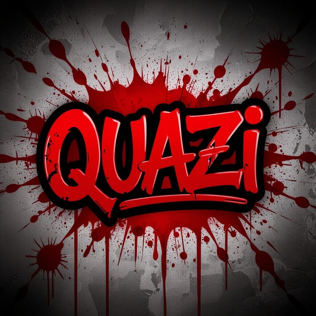 Graffiti Art: Red "Quazi" Lettering on Blood Splatter Backgr...