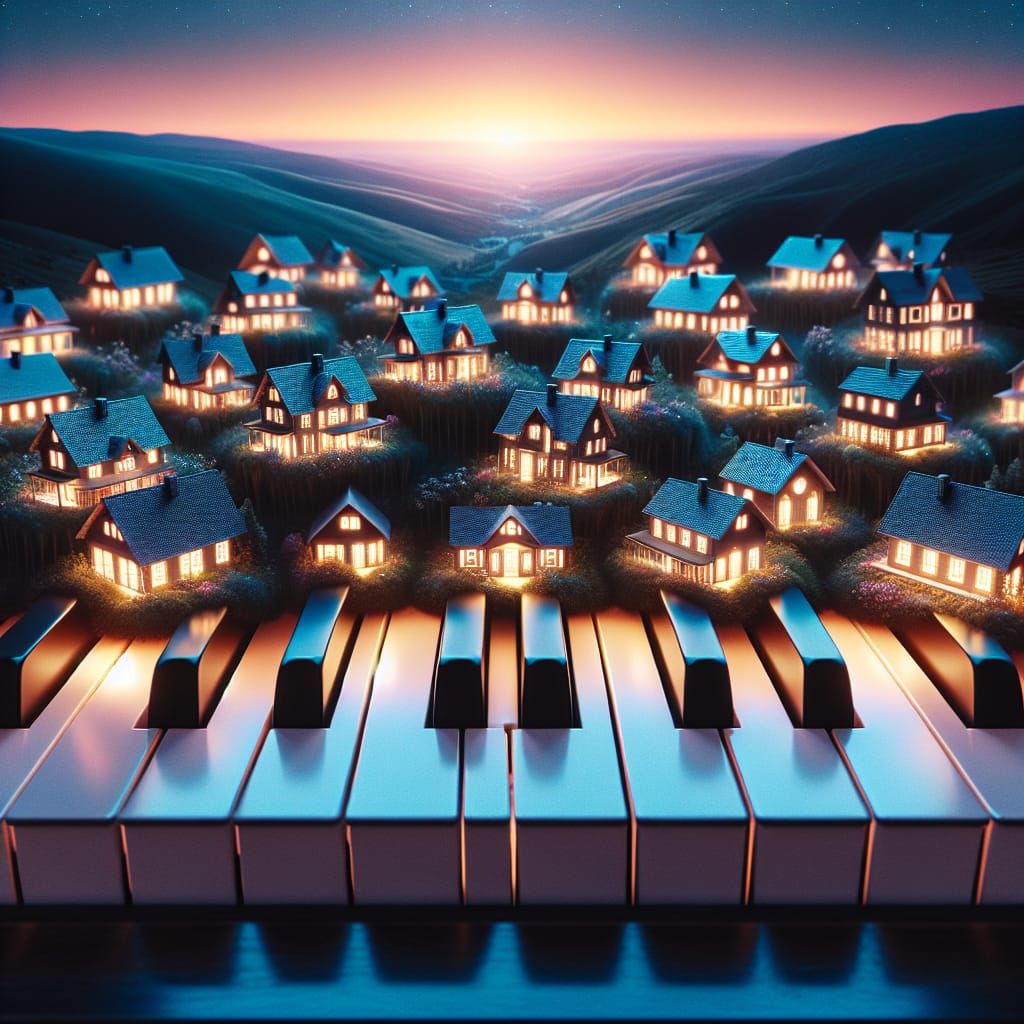Magical Piano Village with Glowing Houses