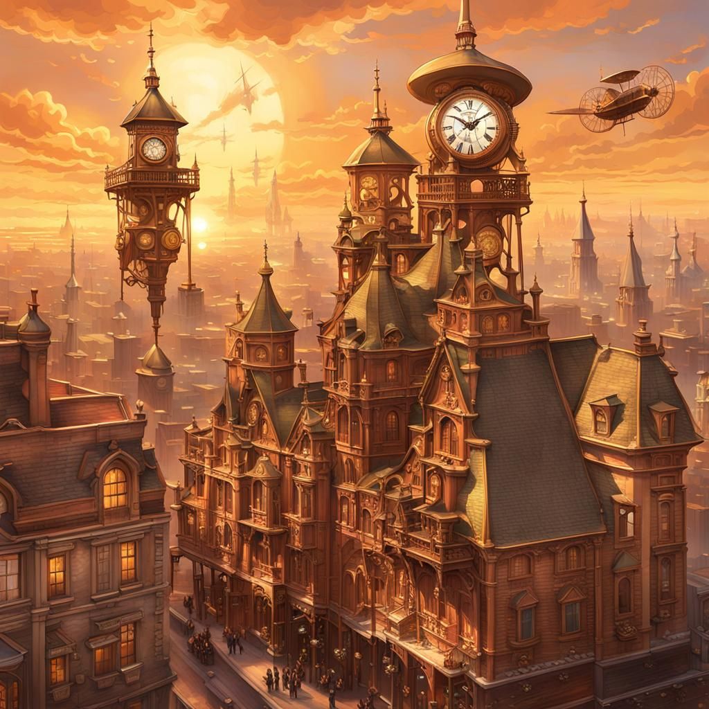 Steampunk Metropolis at Golden Hour