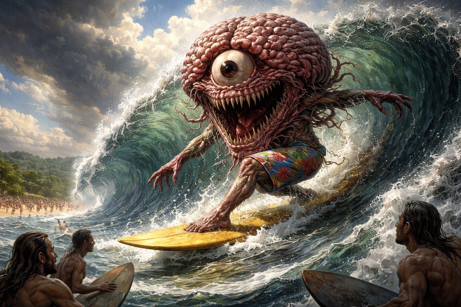 Colossal Brain Surfs Giant Wave in Baroque Fantasy Style