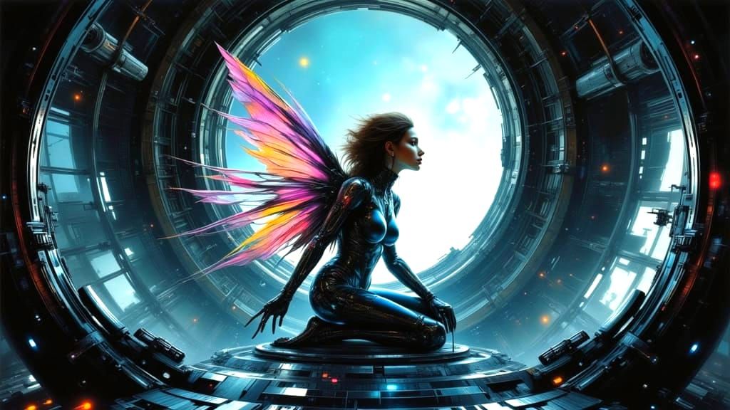 Cyborg Fairy Astronaut in Retro Space Odyssey