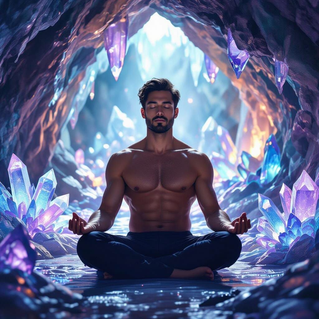 Toned Man Meditating in Crystal Cave with Ethereal Light