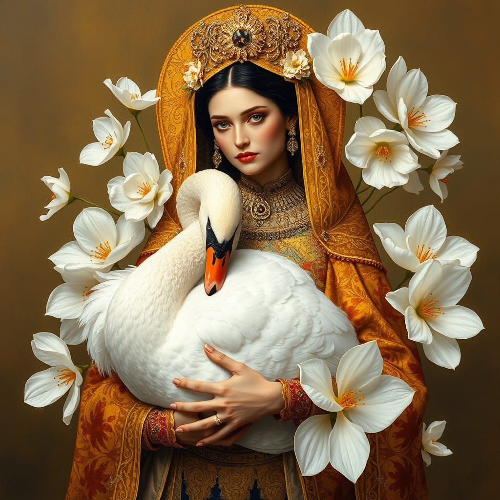 Regal Woman Enveloped by Swans and Golden Flowers in Gustav...
