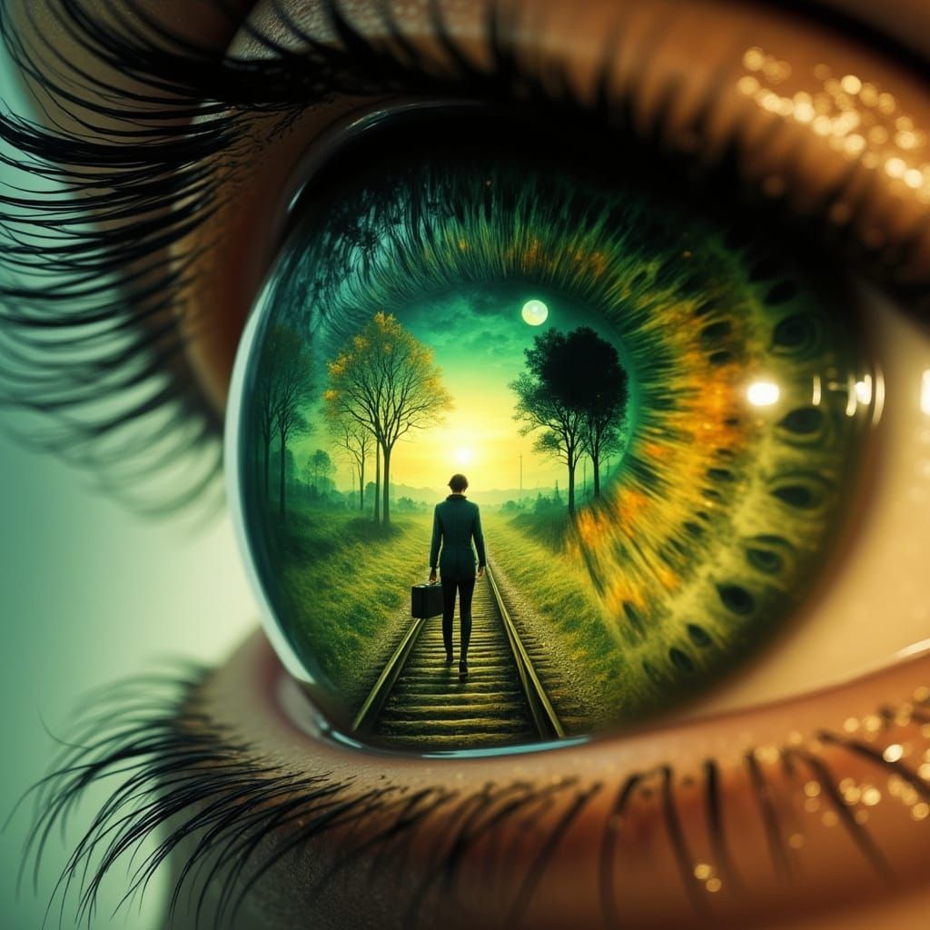 Surreal Green Eye with Journey Scene, Dalí & Magritte Style
