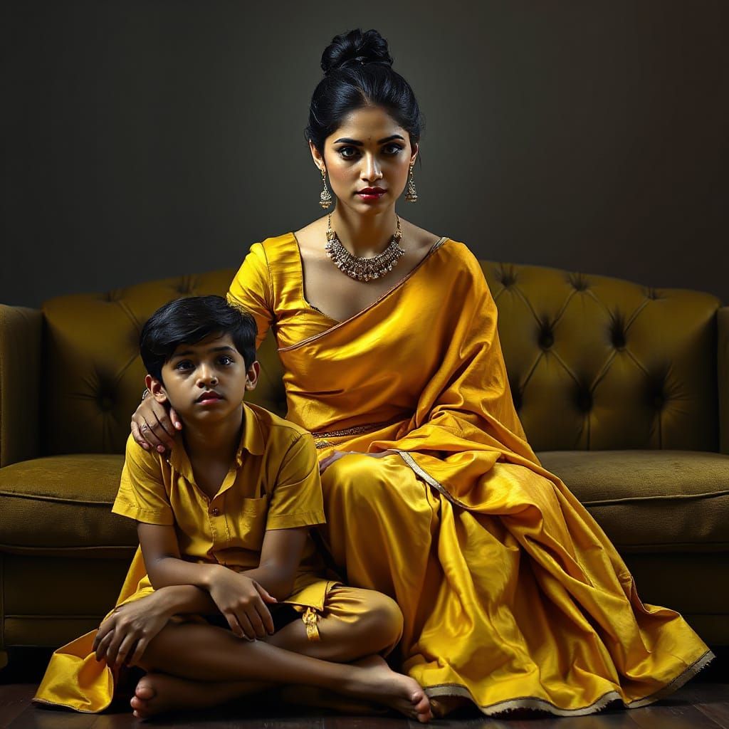 Beautiful Indian Woman in Yellow Silk, Admonishing Boy