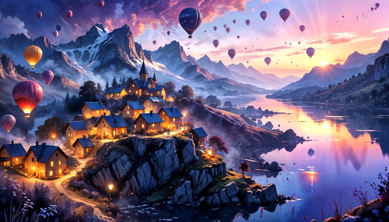 Hot Air Balloons Over Mountain Village, Digital Painting