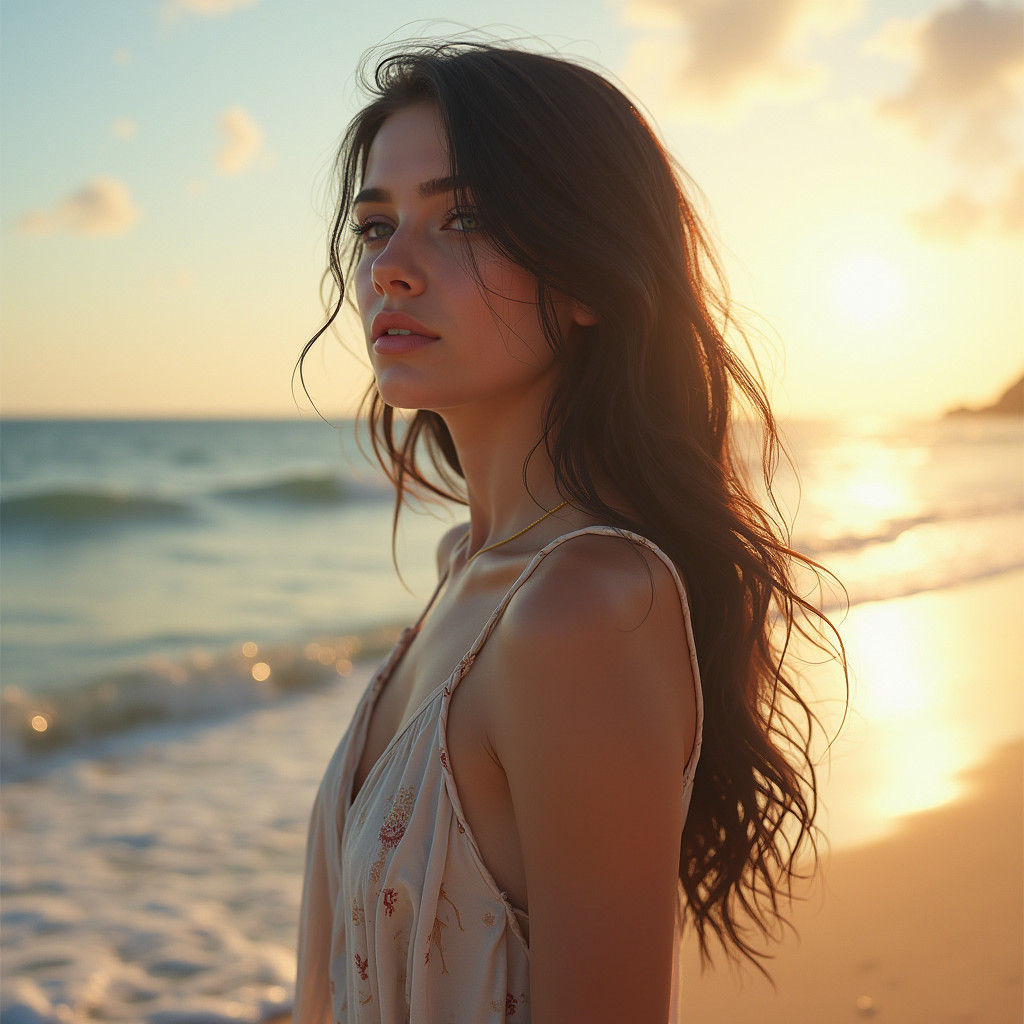 Hyperrealistic Portrait: Young Woman on Sunny Beach