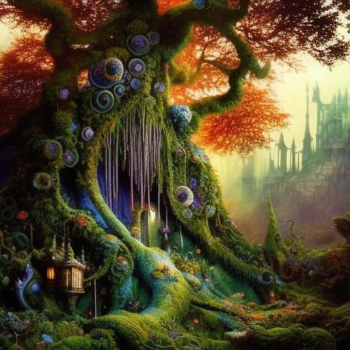 Druid Wizard in Gnarled Shroom City: Fantasy Art