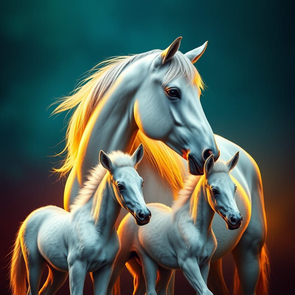 Majestic White Mare With Two Foals in Golden Light