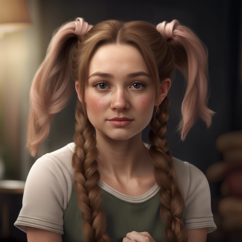 Photorealistic Woman with Teddy Bear Pigtails
