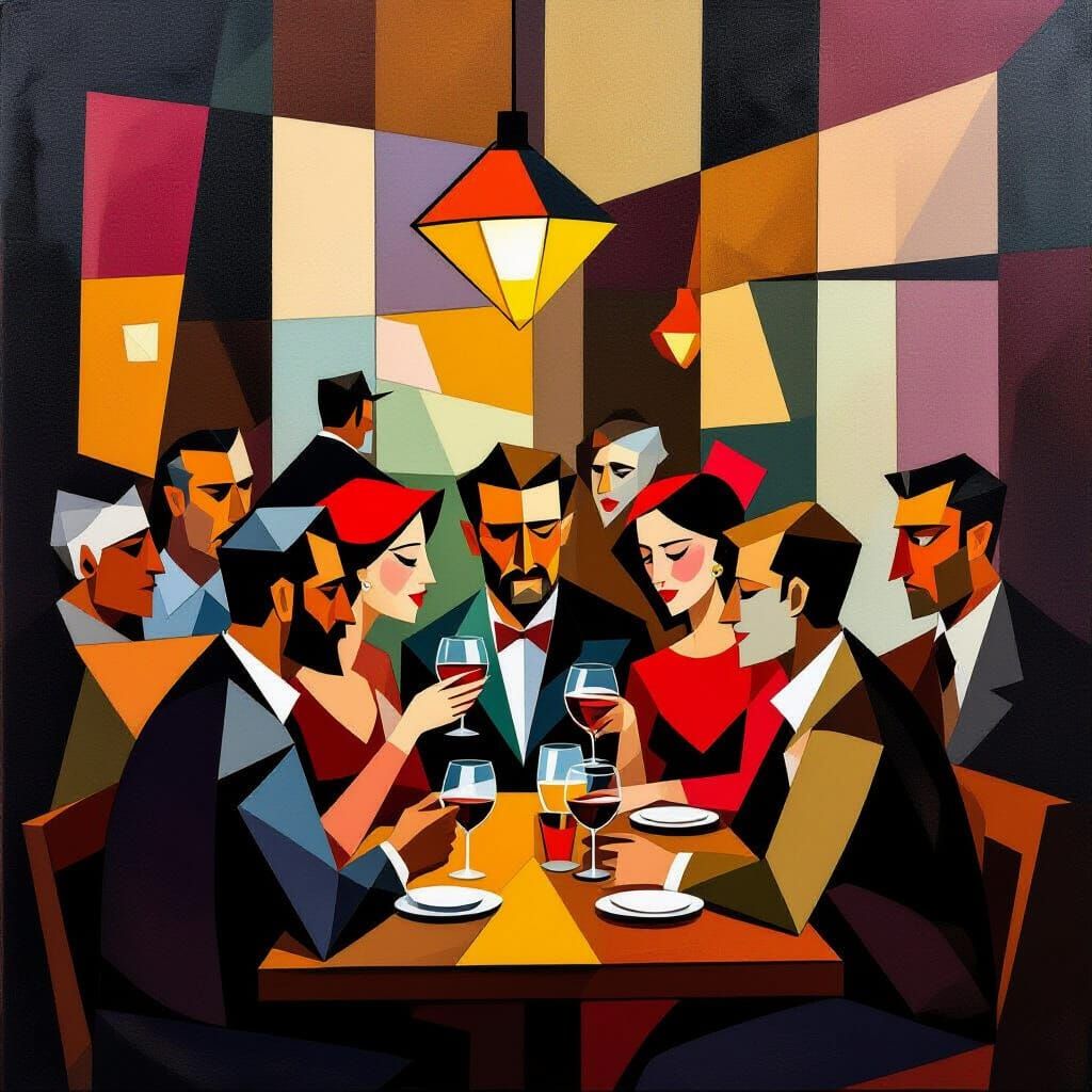 Cubist Tavern Scene: Fragmented Geometric Abstract