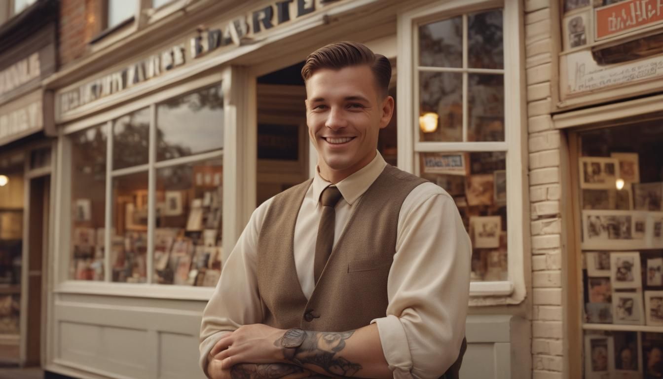 Happy Barber on Penny Lane: 1960s Nostalgic Film Still