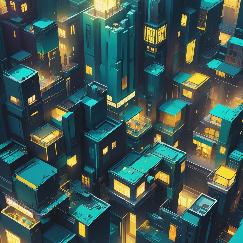 Teal and Yellow Ethereal Cityscape, Digital Art