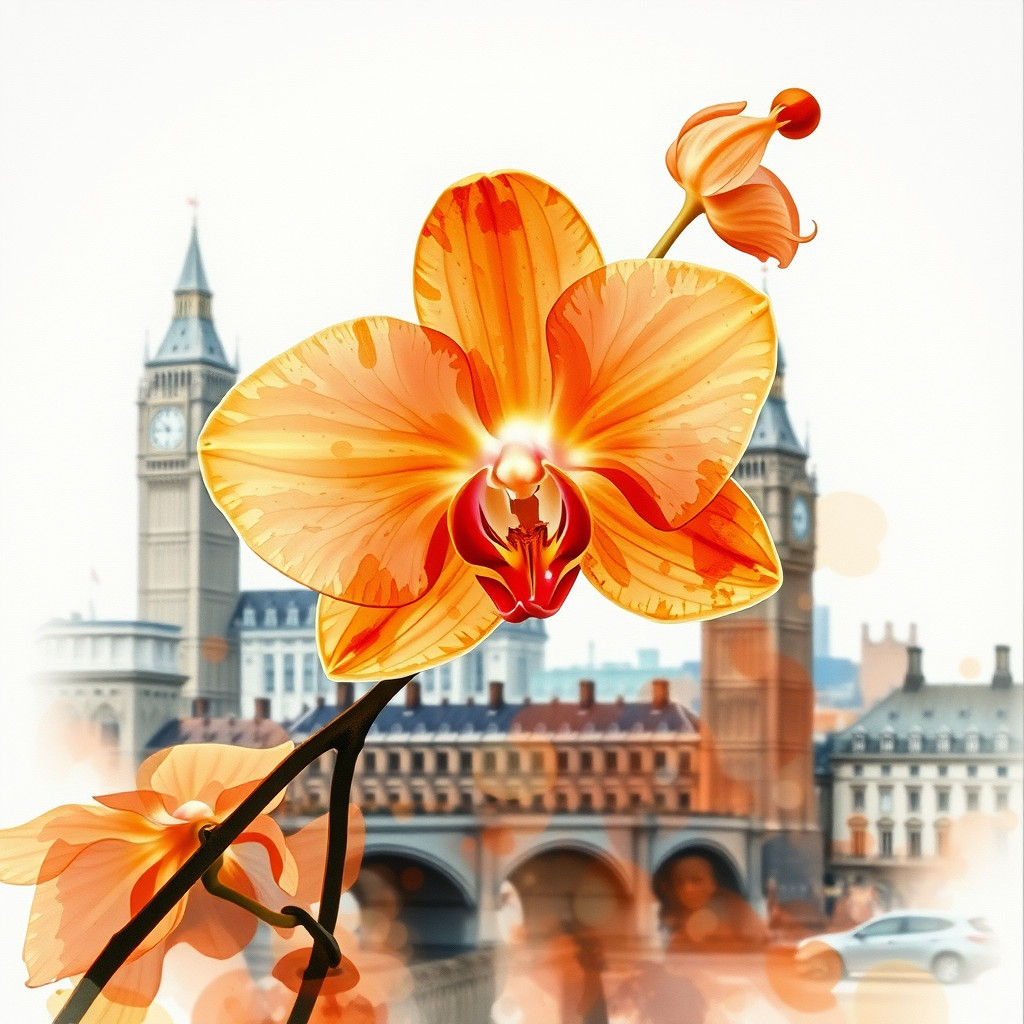 Orchid Double Exposure with London in Gouache Style