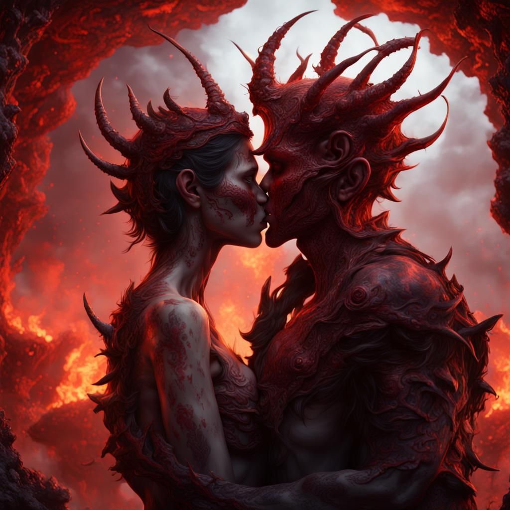 Couple's Kiss in Hell: Detailed Matte Painting