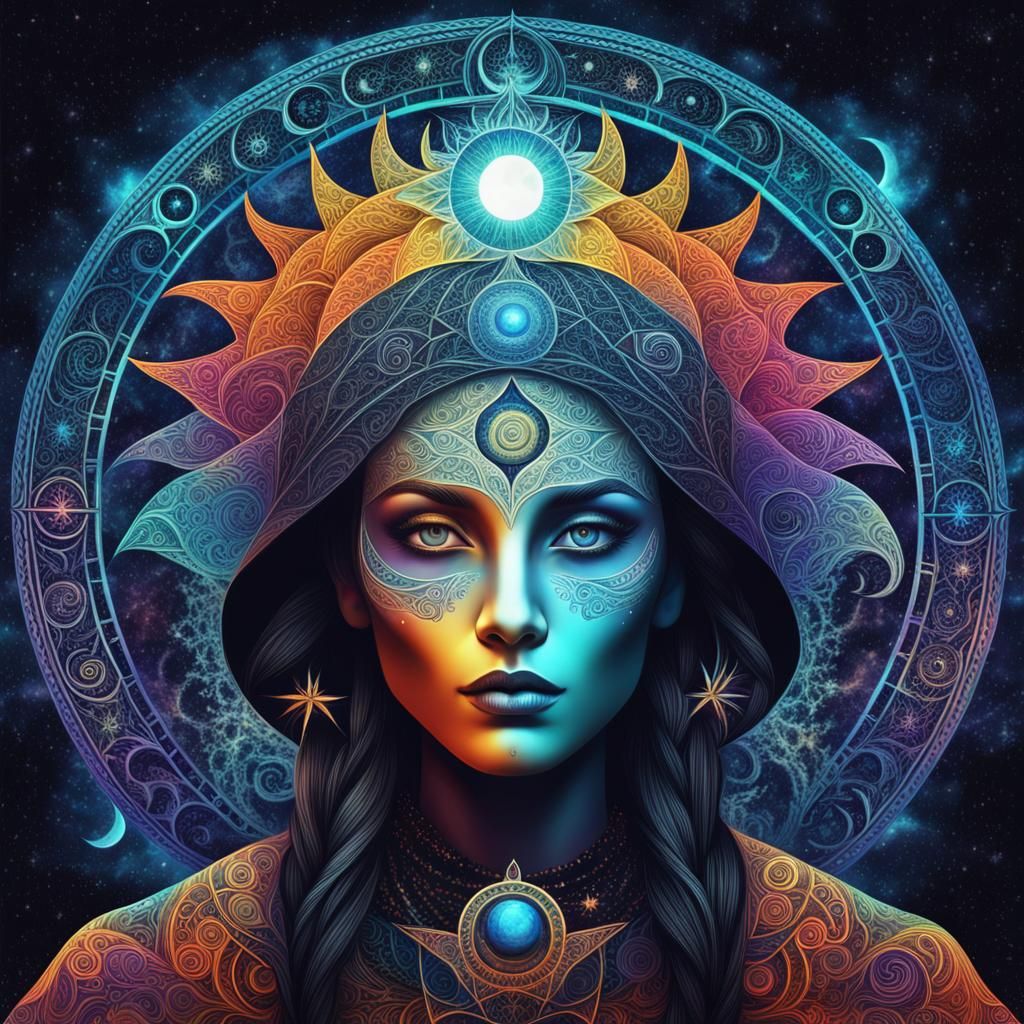 Elegant Celestial Witchcraft Ritual in Psychedelic Art Style