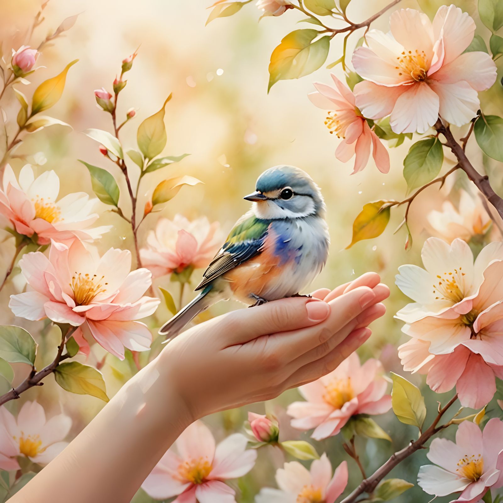 Watercolor Bird in Gentle Hand with Flowers