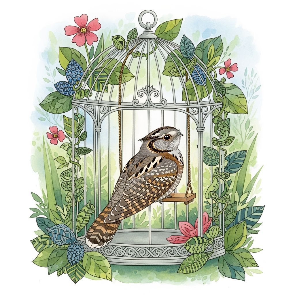 Whippoorwill in Birdcage, Watercolor Illustration