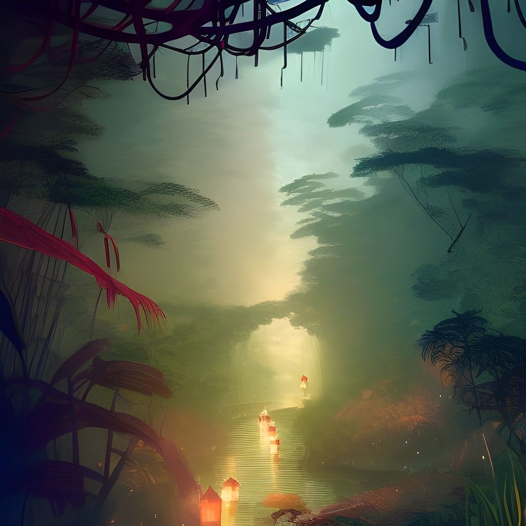 Jungle Path with Lanterns: A Digital Painting