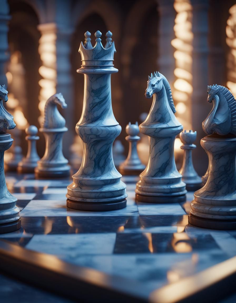 Marble Chessboard Game in 3D with Blue Lighting