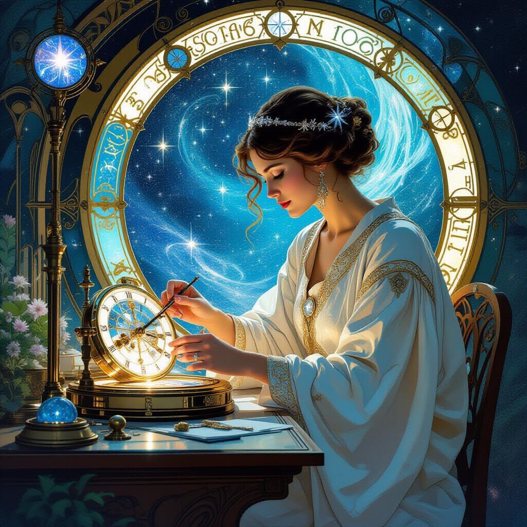 Celestial Clockmaker Assembling Timepieces in Starry Worksho...