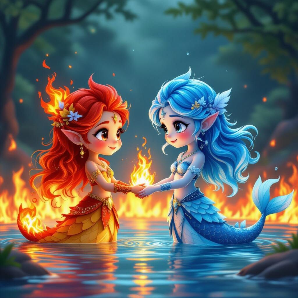 Cute Fire Spirit Meets Water Spirit in Fantastical Land