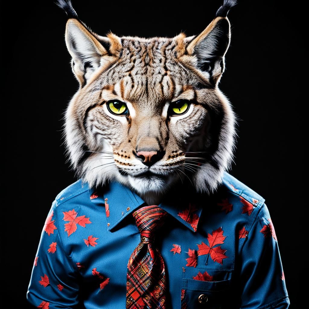 Anthropomorphic Lynx in Stylish Shirt on Black