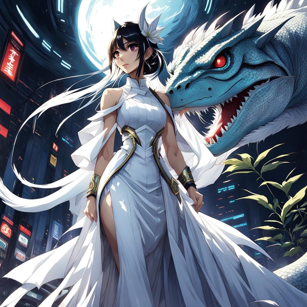 Futuristic Lizardfolk Girl in Anime Key Visual Style