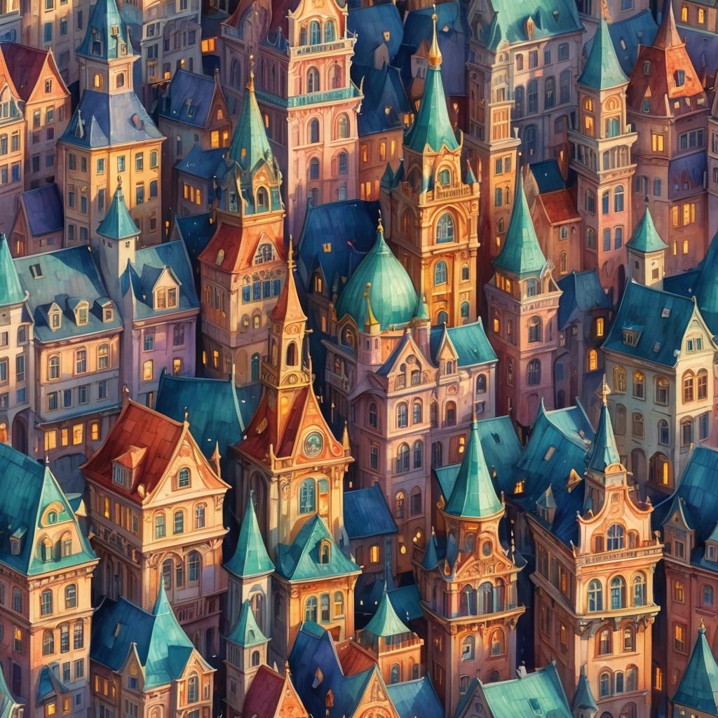 Dreamlike Cityscape with Colorful Buildings