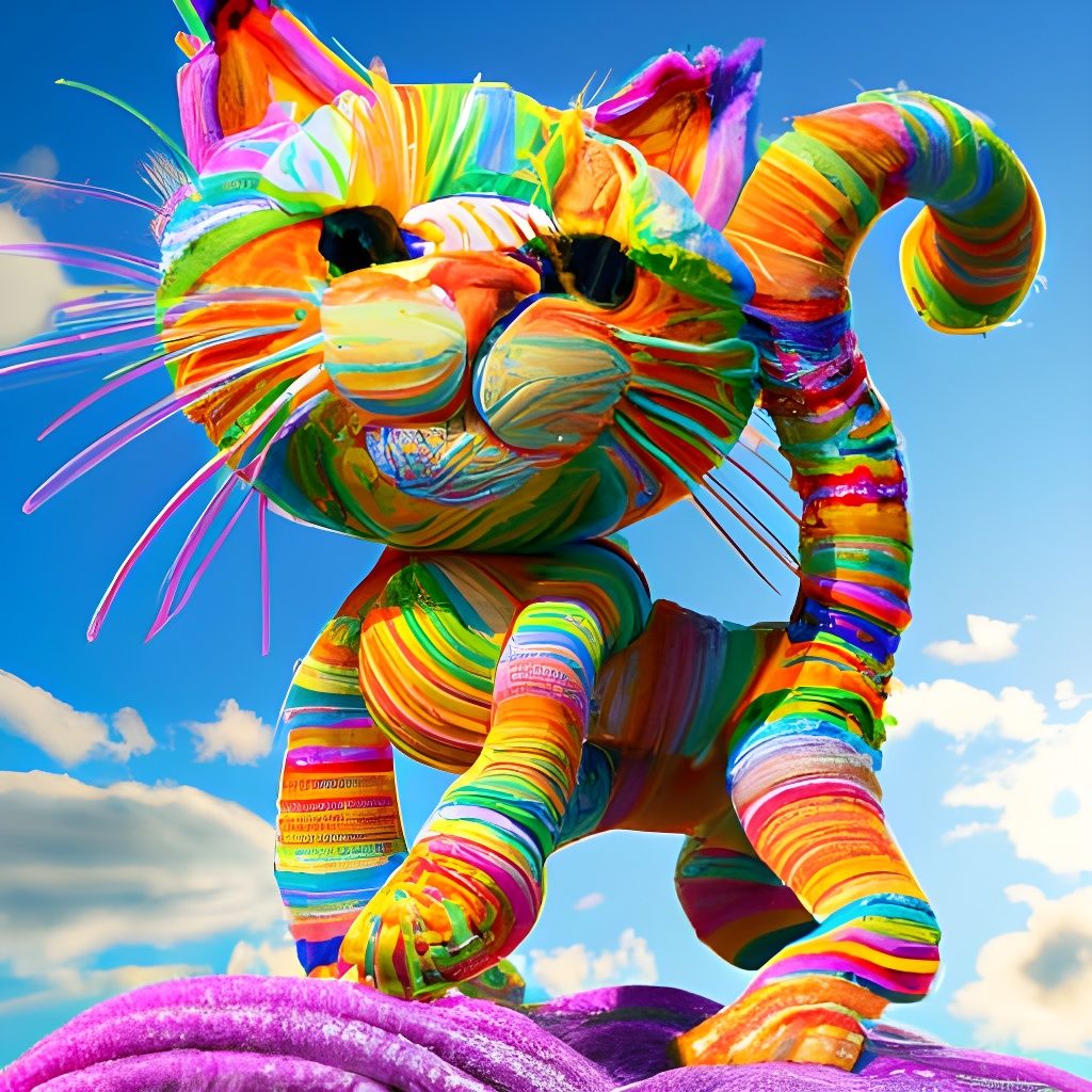 Rainbow Yarn Cat in Detailed 3D Digital Art