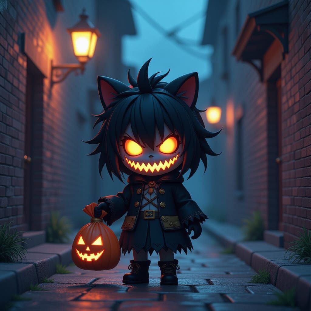 Terrifying Anime-Style Trick-or-Treater in Eerie Alley