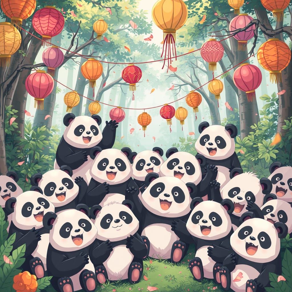 Pandas Celebrate in Whimsical Anime Forest