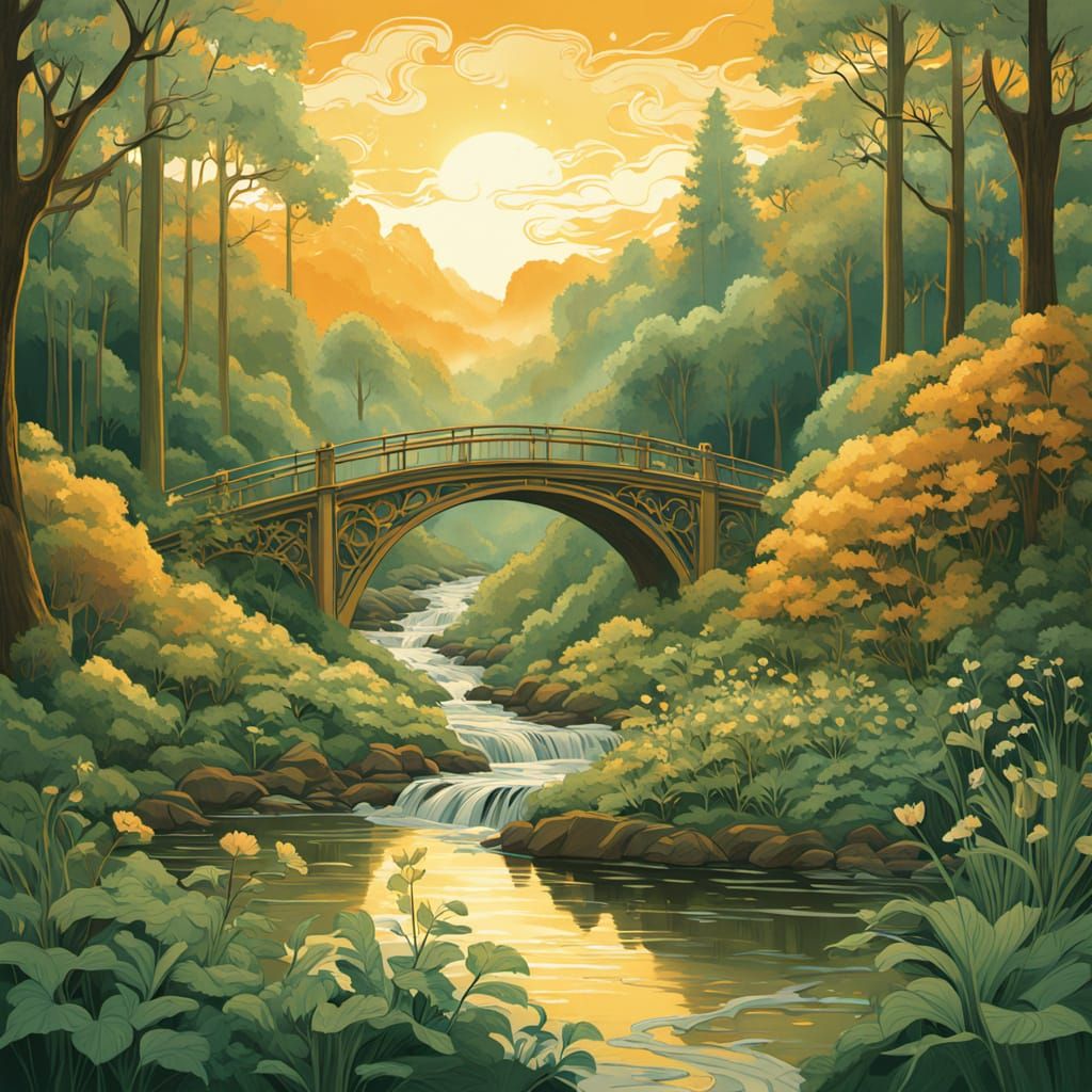 Art Nouveau Sunrise Over Lush Forest With Old Bridge