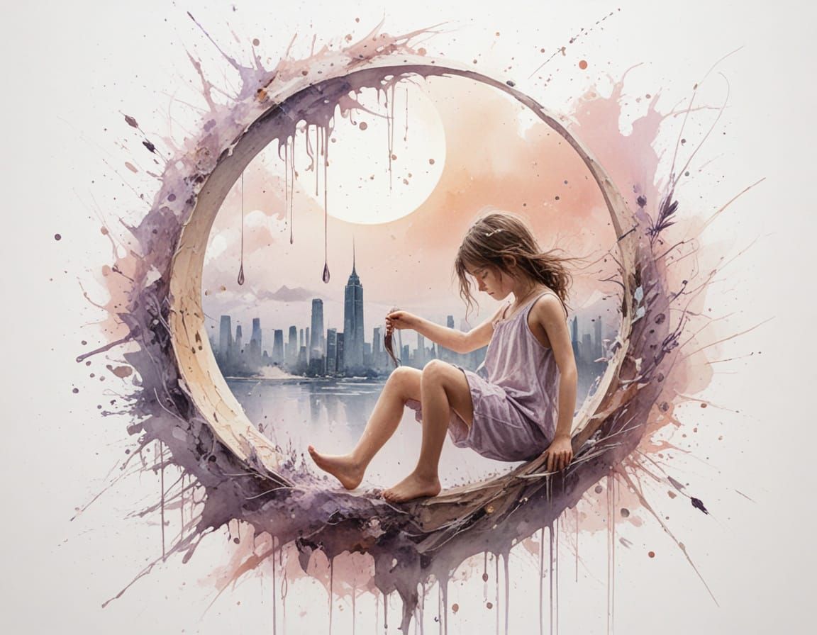 Child Swings on Moon Above Pastel Cityscape in Dreamy Waterc...