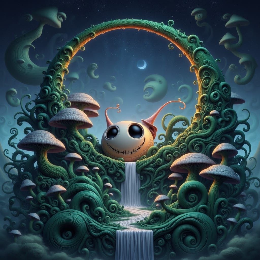 Surreal Hyper-Detailed Cityscape Under Crescent Moonlit Nigh...