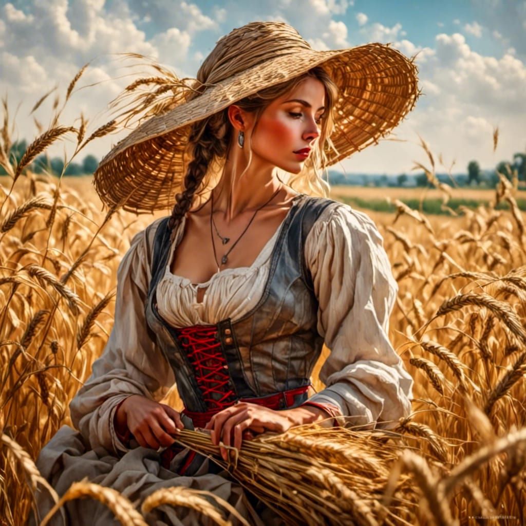 15th Century Peasant Woman in Wheat Field Illustration