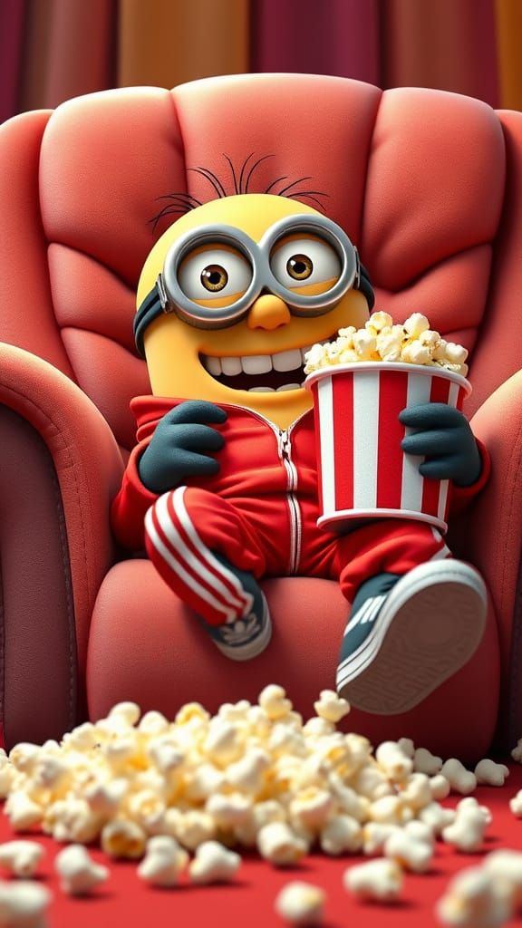 Cheerful 3D Minion in Red Adidas Tracksuit Enjoying Popcorn