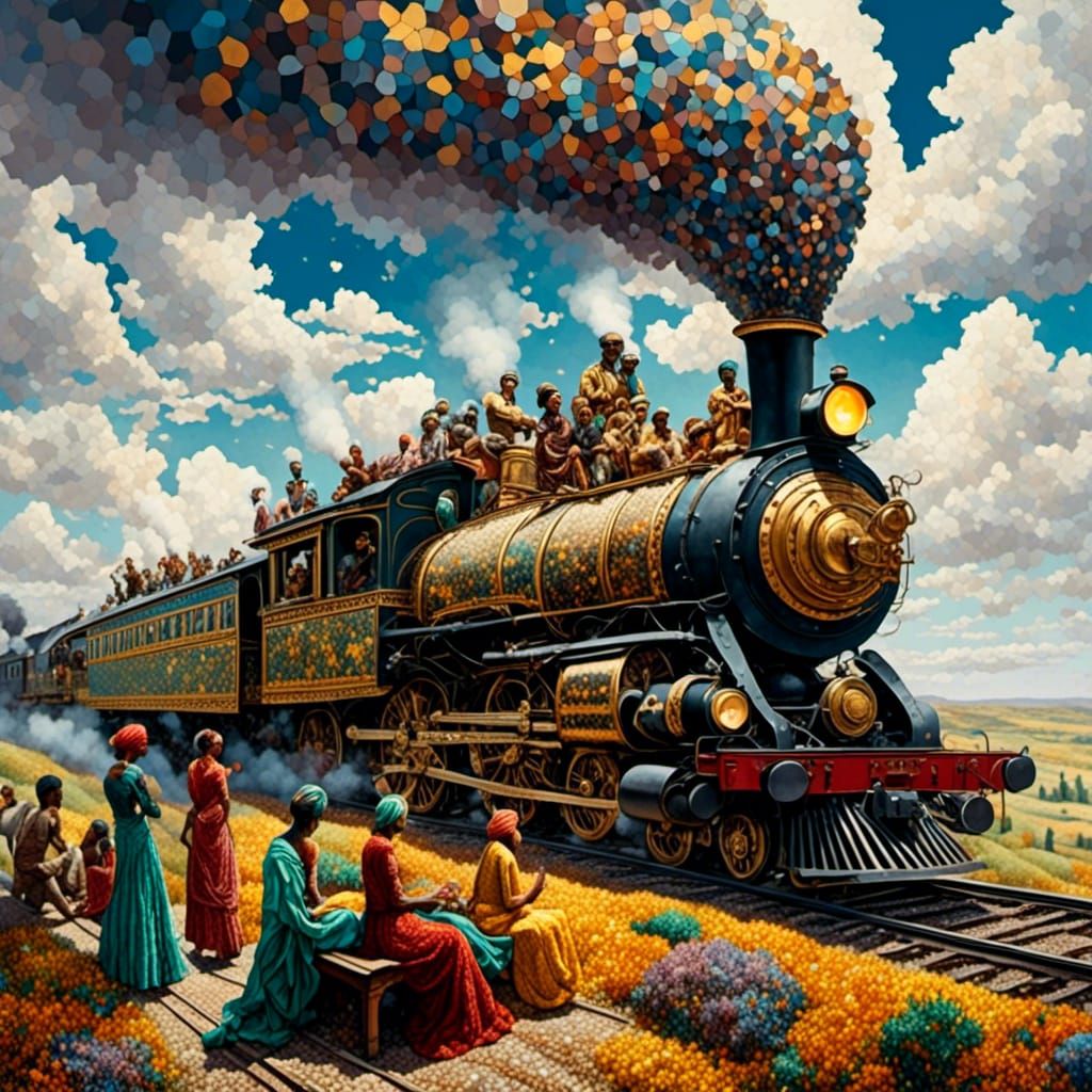 Indian Steam Train Journey in Pointillism Style
