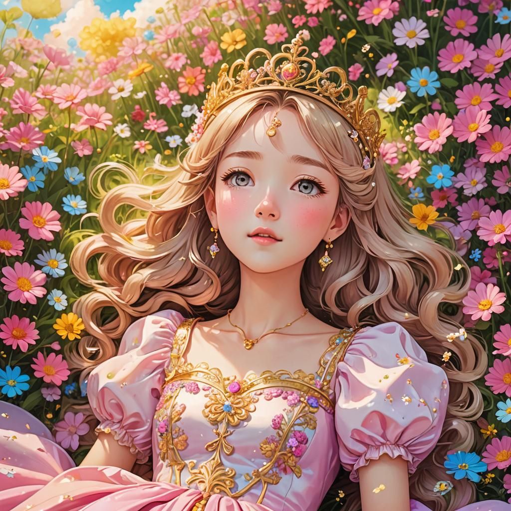 Anime Princess in Flower Field with Manga Art Style