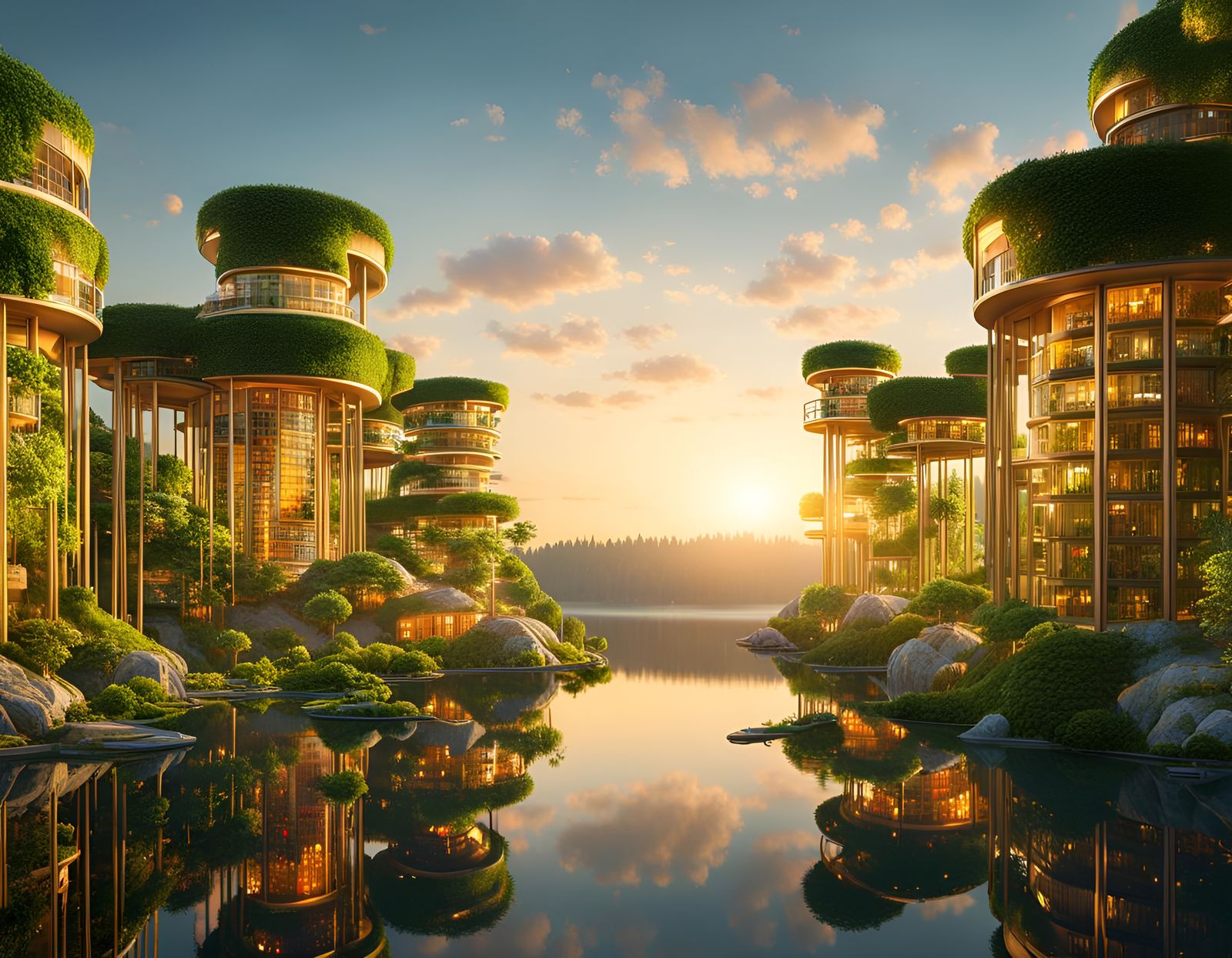 Ecological City at Dawn: Abstract Lakeside Metropolis