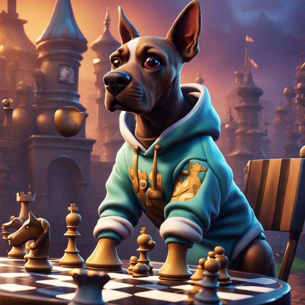 Fortnite Dog in Sweatshirt on Chessboard